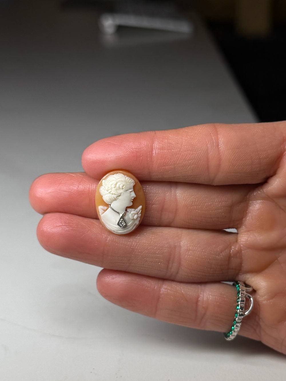 Antique 14k White Gold 0.15ct Old Mine Cut Diamond Shell Cameo